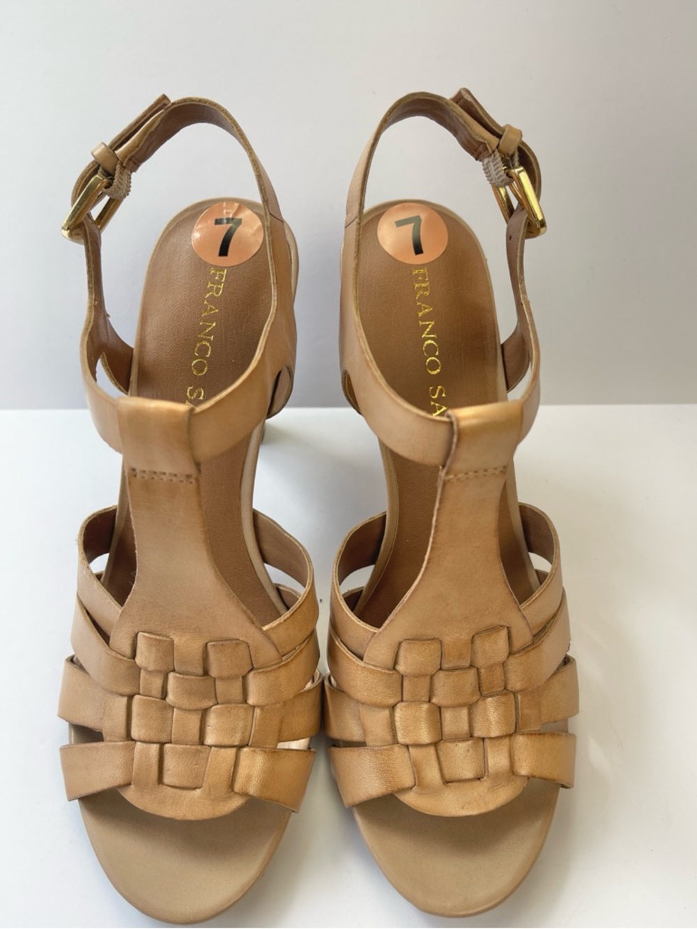 FRANCO SARTO TAN LEATHER WOVEN T-STRAP STACKED HEEL SANDALS - Picture 2 of 9
